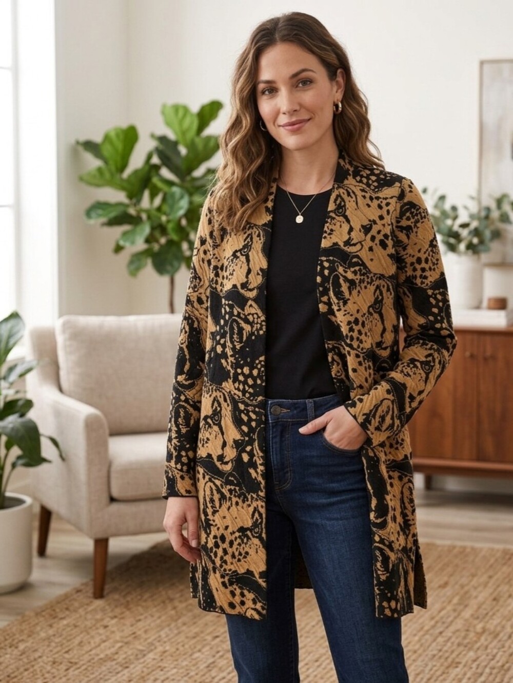 Chico's Jacquard Leopard Print Open Front Cardigan Duster Sweater Size 1 M
